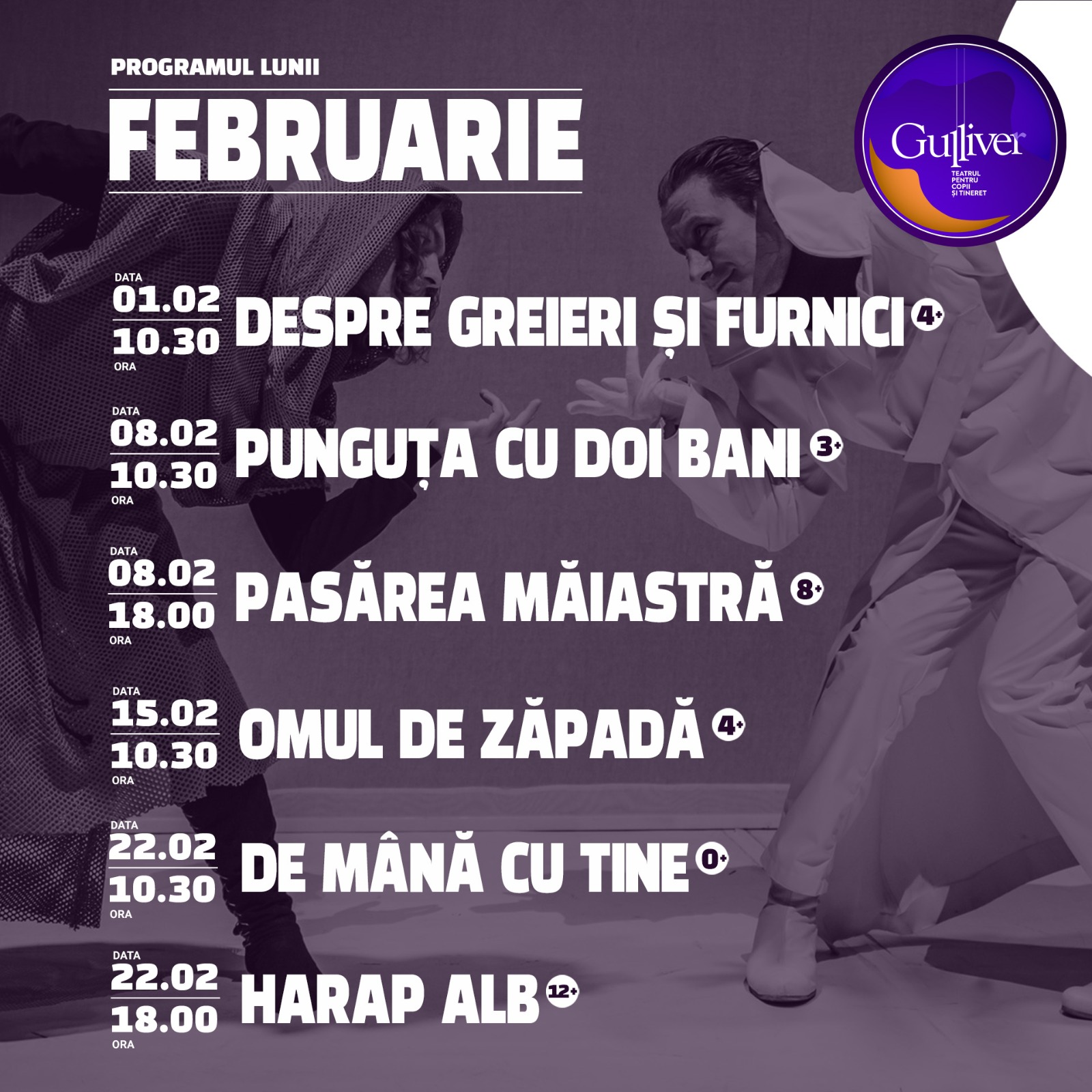 Spectacolul muzical ”Despre greieri și furnici” dă tonul programului din luna februarie de la Teatrul ”Gulliver”